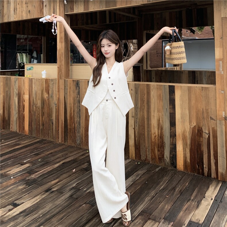 老钱风亚麻西装马甲阔腿两件套女2026新款夏季薄款透气高级感套装,女装套装/套裙,艾米莉亚