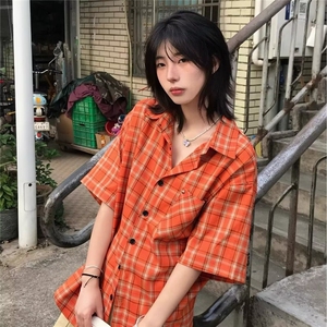 美式潮牌复古橙色格纹短袖衬衫宽松百搭休闲情侣慵懒衬衣