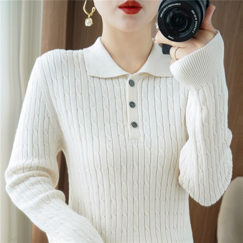 2025年秋季新款百搭女士小麻花带扣polo领长袖针织衫，女装针织衫/毛衣，品高羊绒