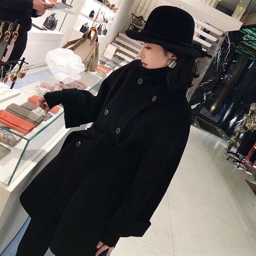 2022秋冬装新款韩版插肩袖腰带毛呢大衣黑色呢子外套女装呢料上衣,女装毛呢外套,红依娜