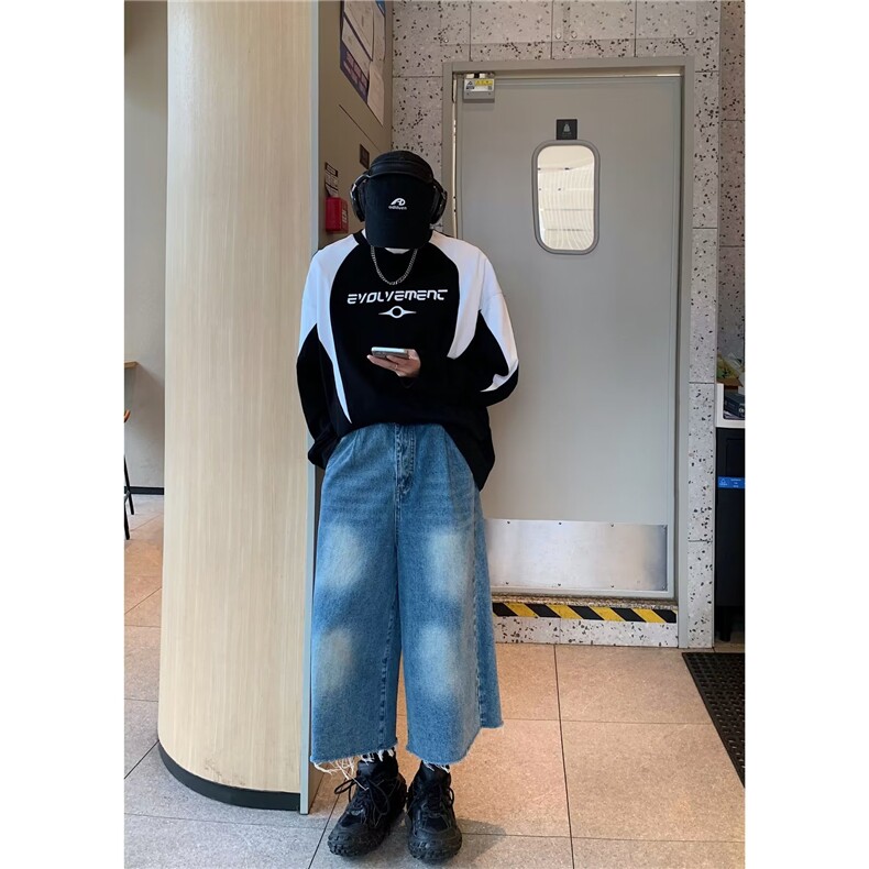 欧美高腰复古宽松牛仔九分裤男夏季新款高街休闲百搭直筒阔腿裤子,男装牛仔裤,星座716-2