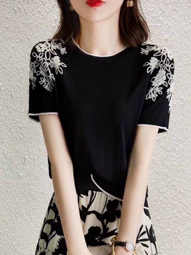 夏季大码冰丝针织衫女士短袖t恤宽松遮肚子巨显瘦,女装T恤,德聚羊绒