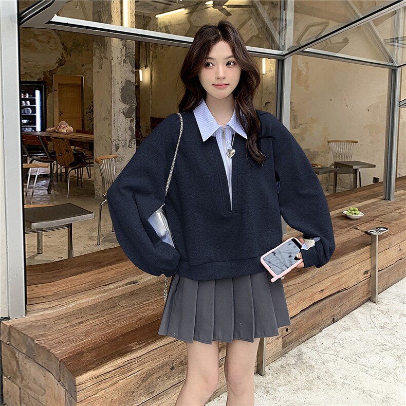 【现货】假两件条纹拼接卫衣82687-P120-K168,女装卫衣/绒衫,2B076