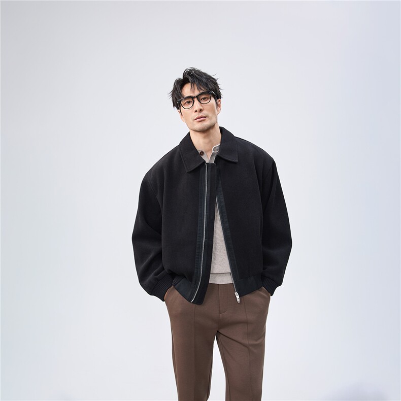 双拉链毛呢夹克外套秋冬短款呢子大衣宽松妮子风A236-JK611-P145，男装毛呢大衣，电商A236