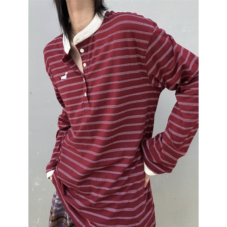 C316T8357P48特初秋新款条纹撞色长袖T恤个性T恤衫亨利领女装,男装T恤,电商C316