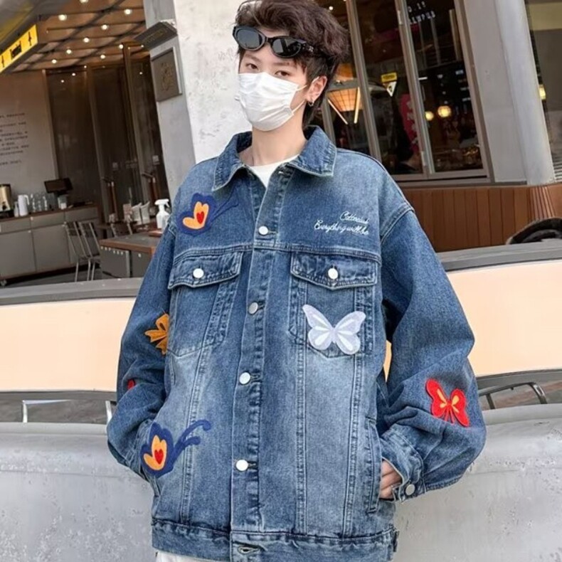 美式复古重工蝴蝶刺绣牛仔外套男女春秋季韩版百搭休闲外套夹克潮,男装工装外套,星座218-8