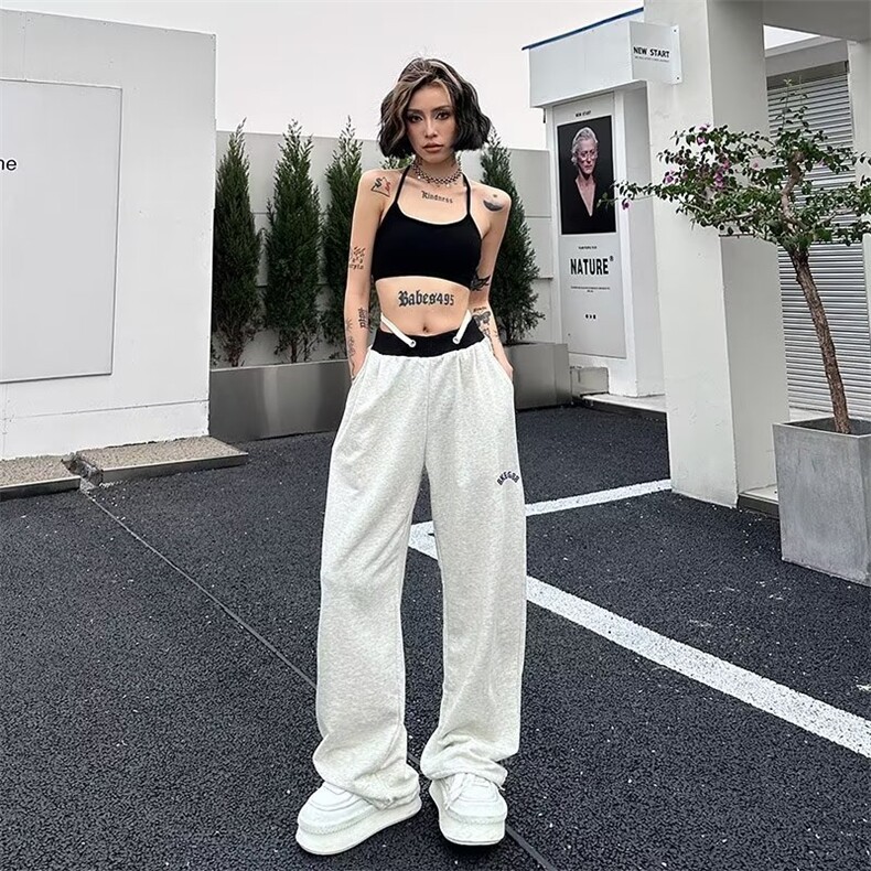 夏季撞色拼接垂感直筒卫裤男女宽松美式嘻哈百搭运动裤K0071-P38,男装休闲裤,星座308B-2
