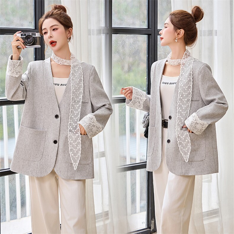 飘带V领西装外套2025年春季新款宽松休闲显瘦拼蕾丝翻边外套，女装西装，流量+
