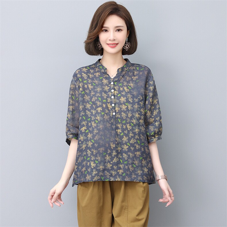 苎麻上衣女夏季2024年新款大码宽松中年妈妈薄款中袖印花休闲衬衫,女装T恤,忆绮罗