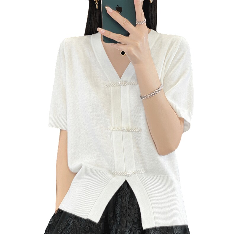新中式V领针织衫桑蚕丝羊毛短袖T恤女别致2025年早春夏季国风上衣,女装羊毛衫,朝贺羊绒