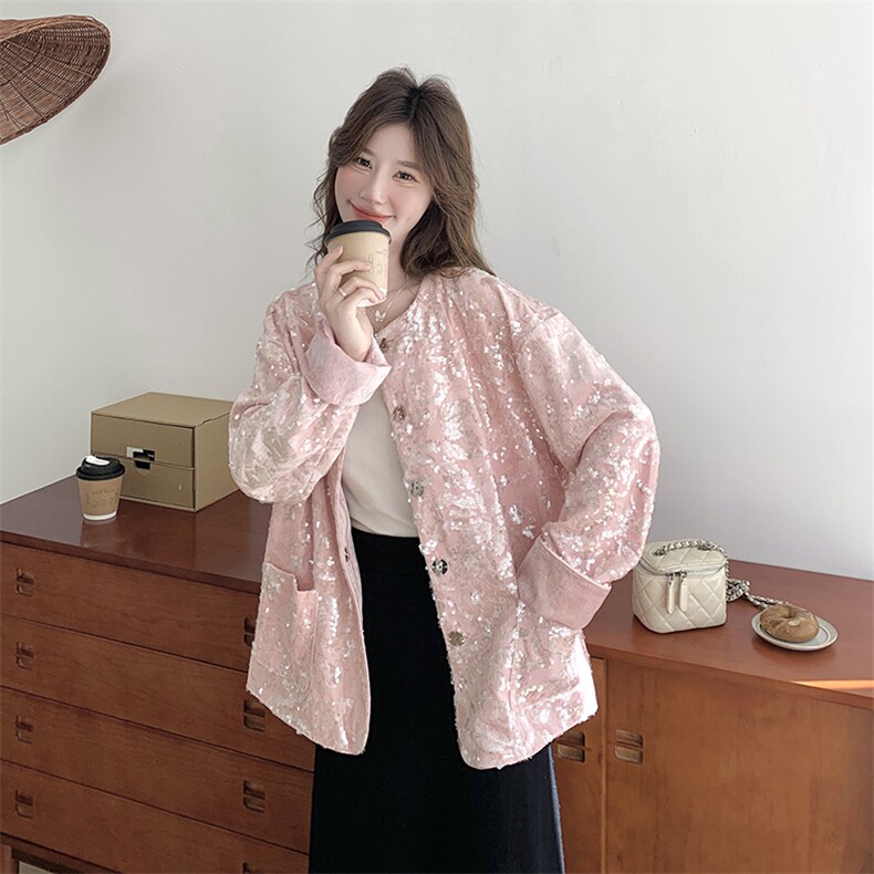 粉色复古亮片小香风西装外套女2025秋季新款今年流行新中式小西服,女装短外套,2C187