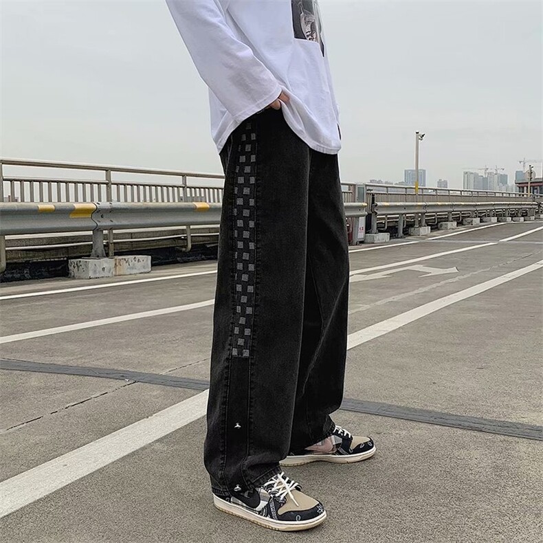 拼接格子牛仔裤男日系潮宽松帅气阔腿休闲长裤NK419,男装牛仔裤,星座1116A-1（原606A）