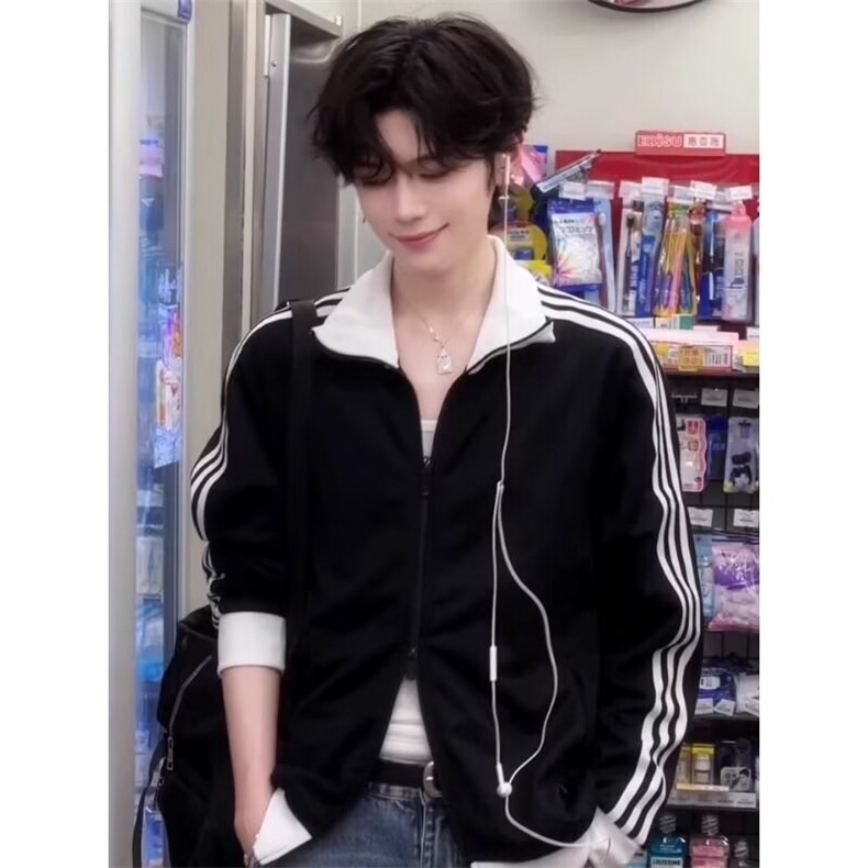 1506/QJ610/P47美式三条杠立领外套男大码宽松男生运动夹克图片