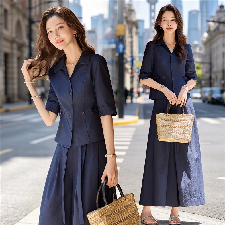 气质大方得体裙裤套装女2026夏新款时尚减龄V领职场风两件套,女装套装/套裙,水衣源