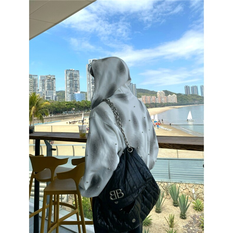 美式高街复古扎染珍珠点缀喷绘连帽卫衣男女休闲百搭宽松开衫上衣,男装卫衣,星座506A