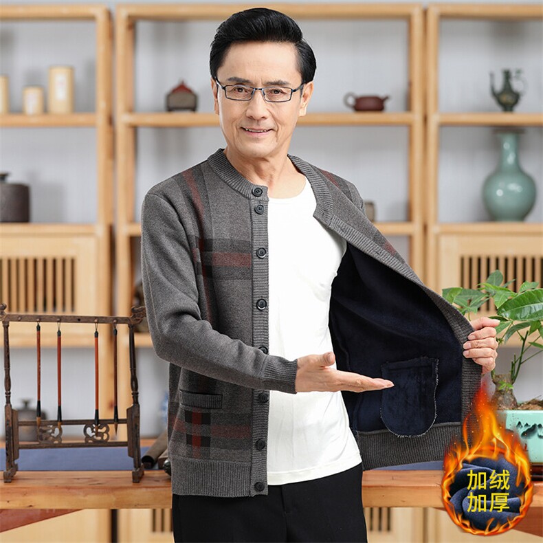 秋冬季加绒加厚系扣开衫中老年男保暖针织毛衣外套爸爸上衣,男装针织衫/毛衣,钱塘6003（原4033）