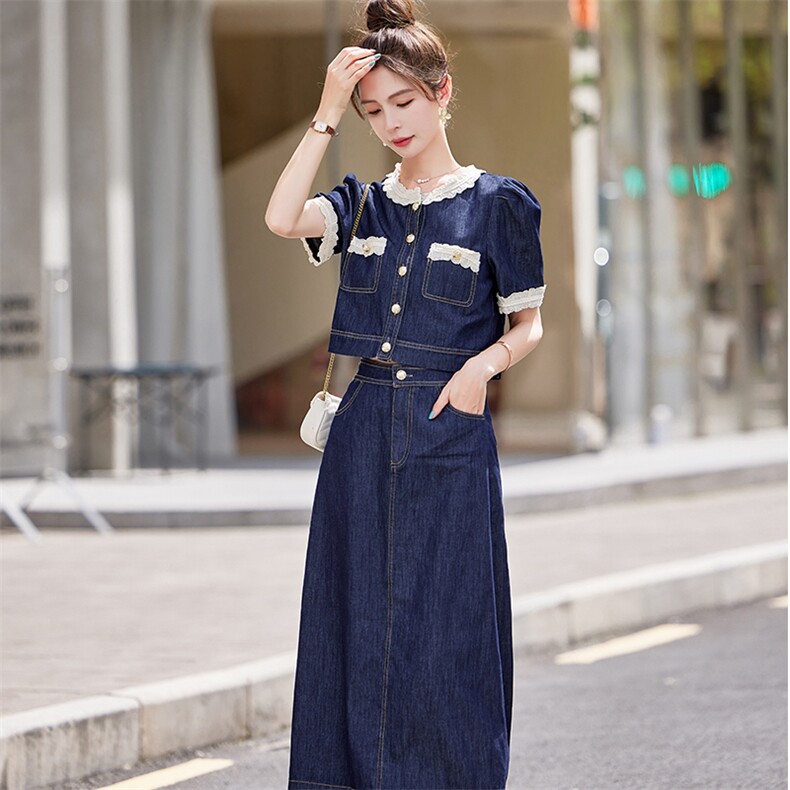 牛仔裙休闲套装女2025夏季时尚新款显瘦薄款短袖上衣半身裙两件套,女装套装/套裙,凯瑟曼