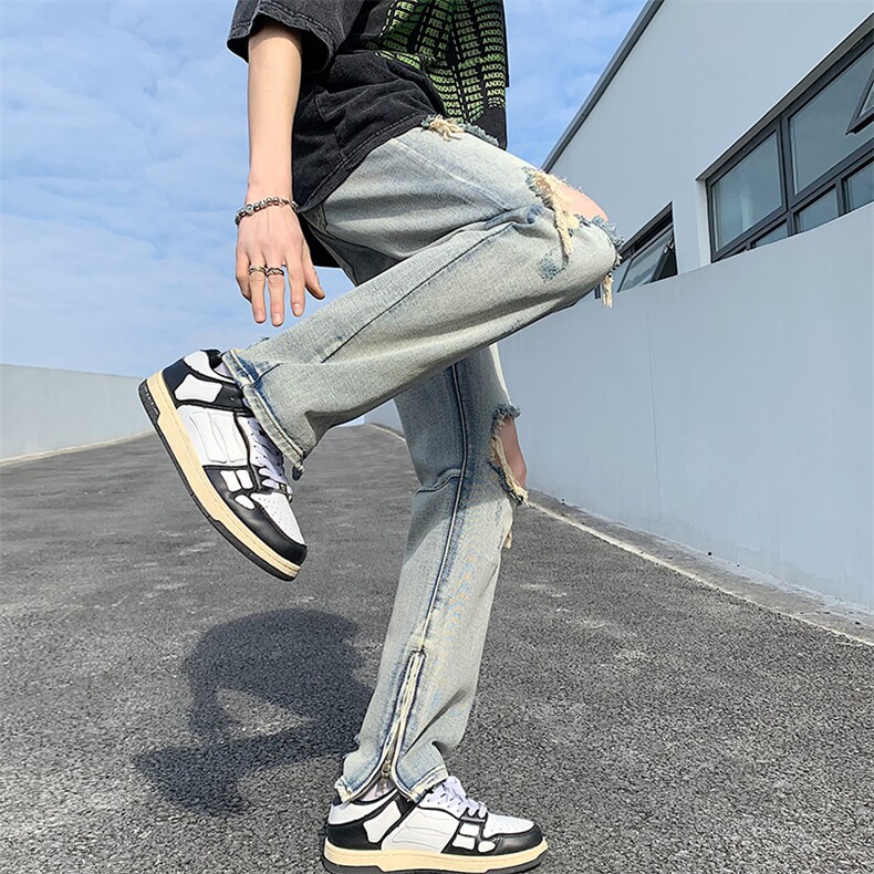 23新款破洞牛仔裤拉链设计直筒裤DS-A316-1-K1078P60控78,男装牛仔裤,星座906（原电商a316-1）