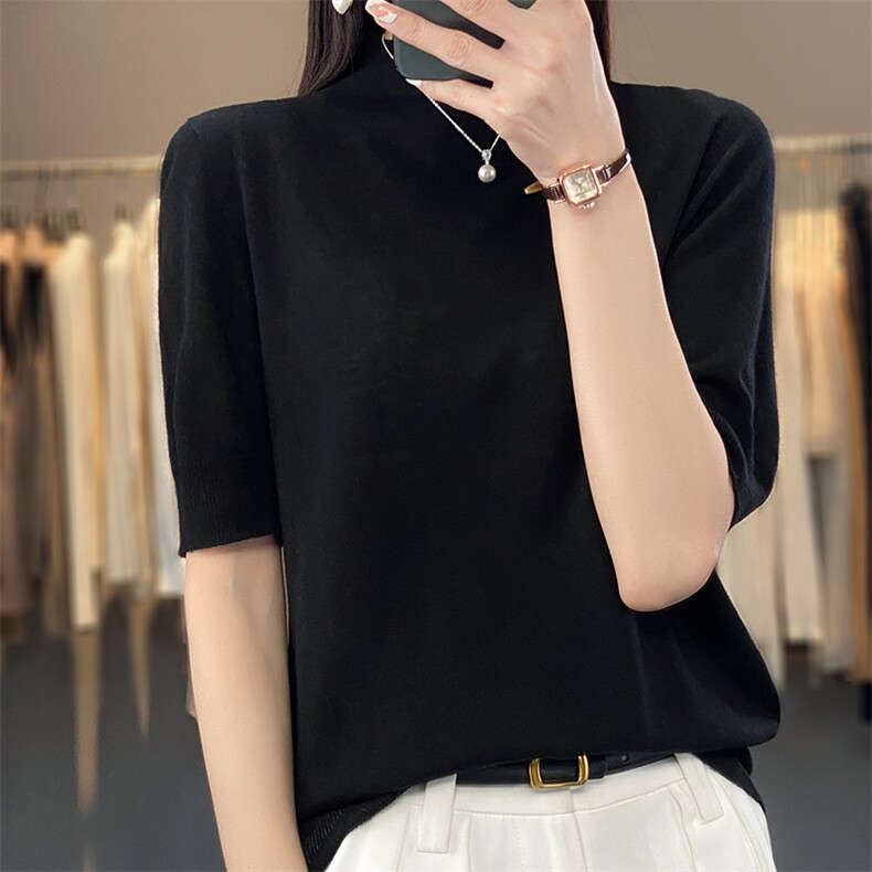 半高领短袖针织衫女2024夏季新款韩版宽松百搭短款，女装T恤，越洋羊
