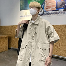 港风复古宽松版工装衬衫短袖夏季薄外套大口袋衬衣CS02231-P45，男装T恤，星座308B-2