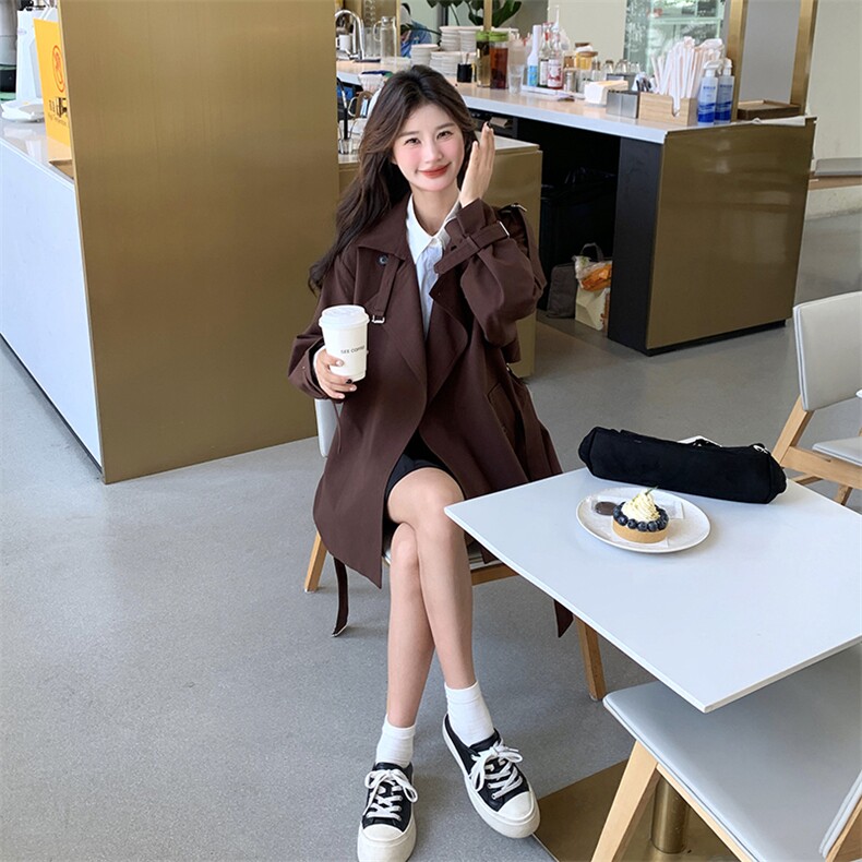 红棕色风衣外套女2025春秋新款宽松百搭设计感英伦风中长款大衣潮,女装风衣,2C205