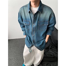复古水洗纽扣牛仔外套男女宽松休闲百搭长袖工装衬衣夹克翻领潮流，男装工装外套，星座813-2