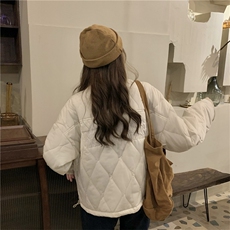 价！韩版宽松拼接翻领背后刺绣字母夹薄棉小个子棉衣，女装棉衣/棉服，潮品会