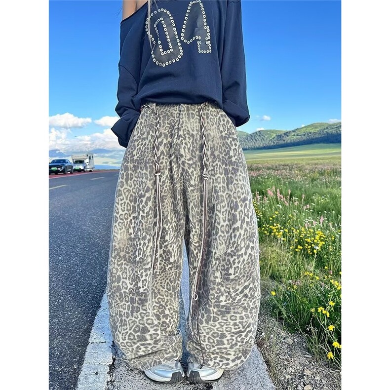 复古水洗做旧豹纹牛仔裤男女设计感春季宽松直筒筒垂显瘦休闲长裤，女装休闲裤，星座1210-1