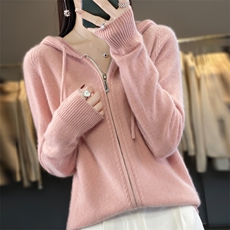 2025早春新连帽双拉链纯羊毛开衫女休闲减龄毛衣保暖粉色针织外套，女装羊毛衫，九嘉羊绒