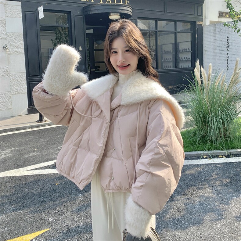 新款现！羊羔毛翻领手套粉色羽绒服外套2C133-6011-P285-K408,女装羽绒服,2C133