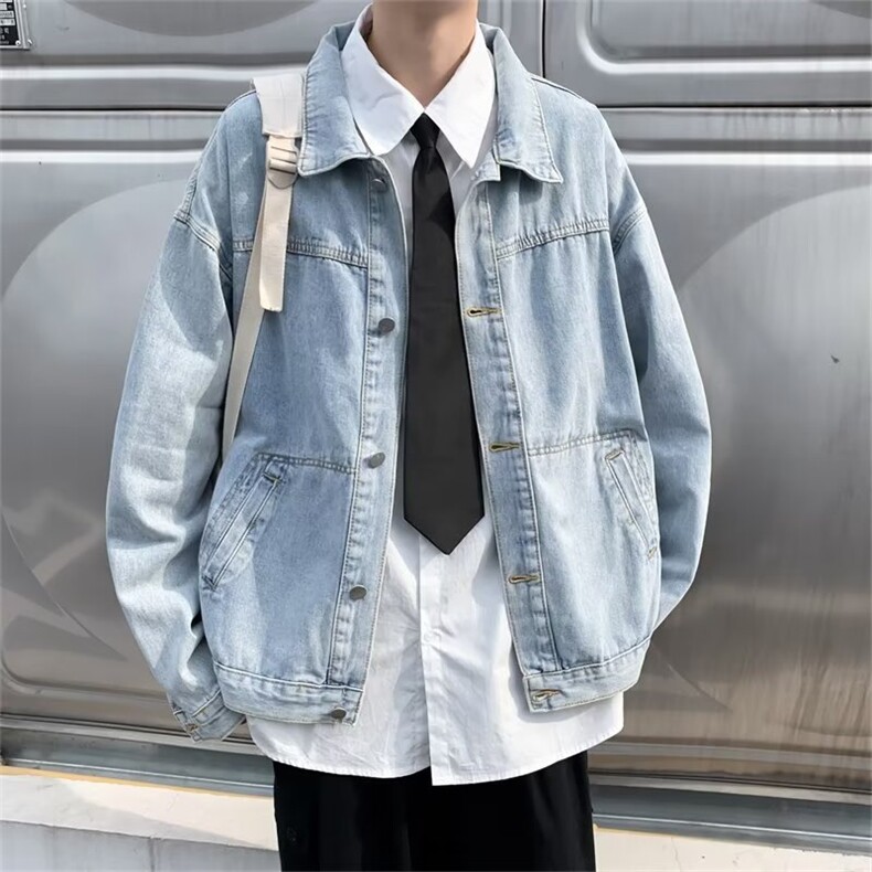 日系浅色牛仔外套男春秋新款潮复古潮流宽松上衣休闲牛仔衣J409,男装夹克,星座1116A-1（原606A）