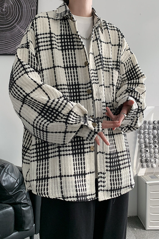 22秋冬港风复古宽松衬衣开衫慵懒风格子外套长袖男女潮H218/P55,男装衬衫,钱塘713