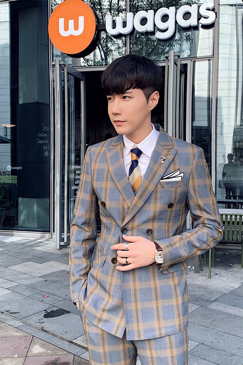 秋冬双排扣西服套装男三件套青年格子韩版修身西装A470-TZ10-P285,男装西服套装,电商A207