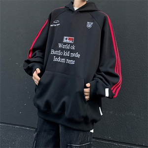 徽章织带三条杠印花连帽卫衣秋冬美式复古潮牌运动情侣帽衫外套图片