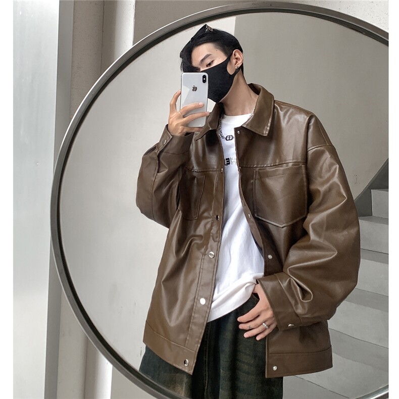 港风翻领pu皮面料皮衣男潮流休闲宽松皮衣外套男77107P78控108，男装皮衣，星座227-7