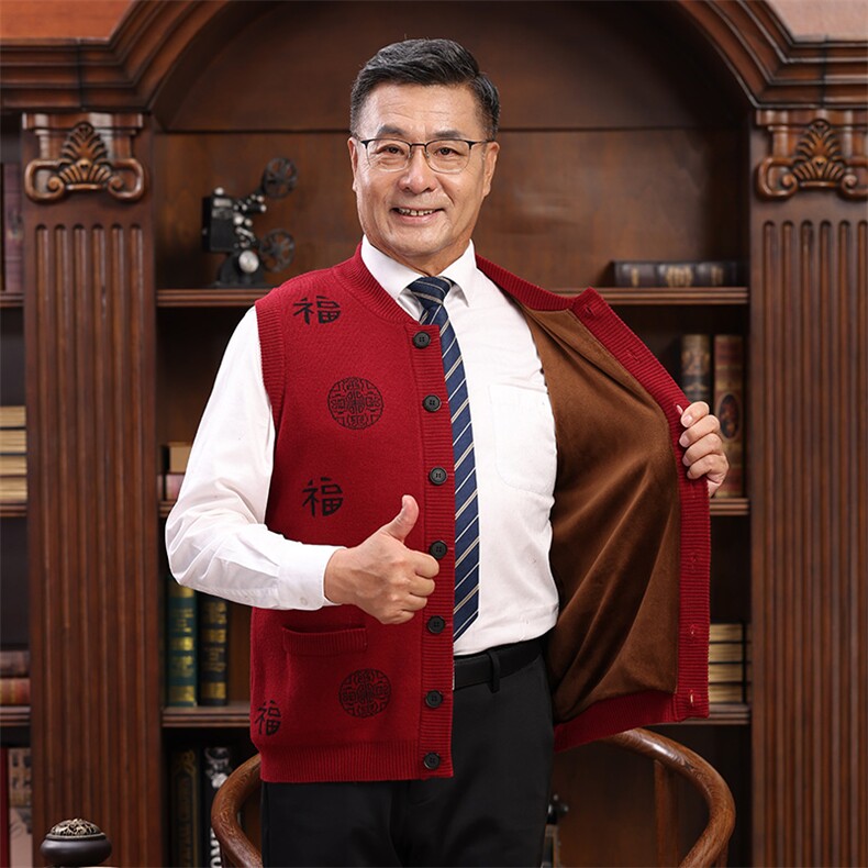 中老年情侣马甲男女针织外套宽松坎肩喜庆开衫毛坎肩，男装背心/马甲，亚东羊绒制品