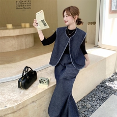 韩系复古牛仔马甲套装女2025秋季新款小个子设计感上衣长裤三件套，女装套装/套裙，2C170