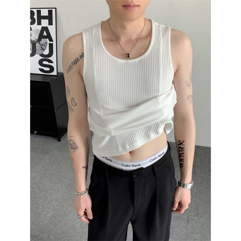 夏装小众竖条纹无袖背心大码背心性感无袖T恤男女肌理感上衣图片