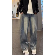 1506/Q5840/P49复古蓝斜切阔腿牛仔裤男款弯刀裤子cleanfit长裤，男装牛仔裤，星座1506