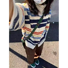 拉链翻领羊毛开衫女宽松软糯撞色条纹毛衣外套针织衫休闲M6200，男装针织衫/毛衣，星座1116A（原606A-3）