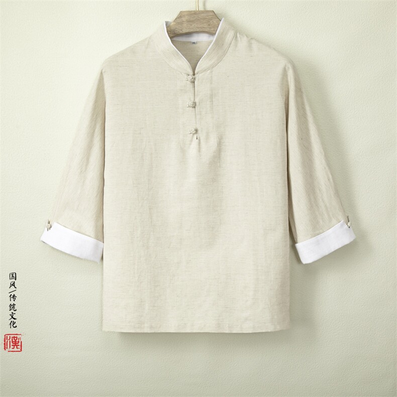 风男装棉麻立领翻袖男士七分袖T恤T085P70,男装T恤,钱塘802