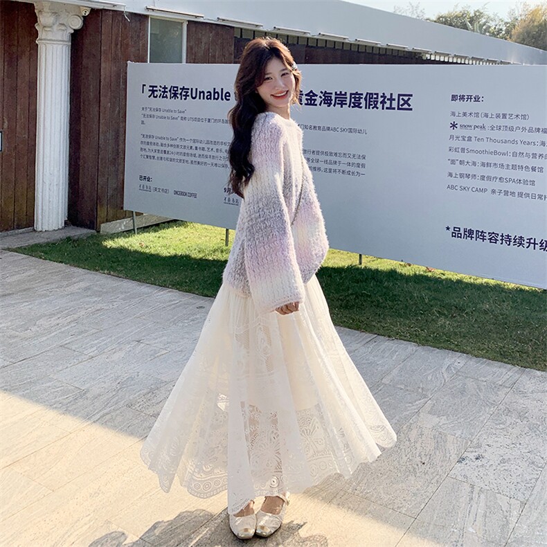 2025秋前后两穿蝴蝶结渐变毛衣蕾丝半身裙两件套2C133-P145-K198,女装套装/套裙,2C133