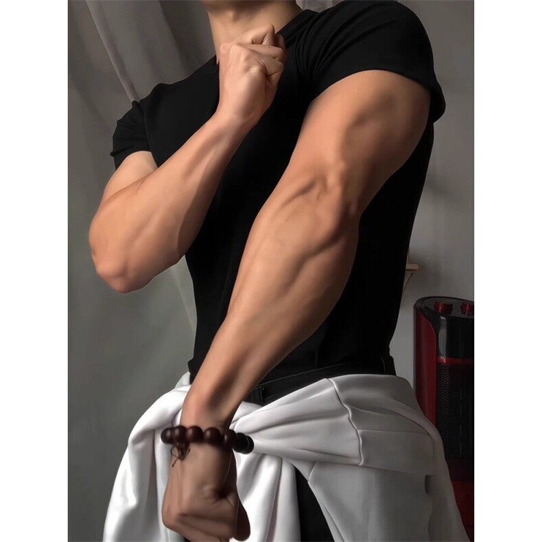 伏黑甚尔收袖口修身短袖T恤男性张力穿搭健身小领口显肌肉半袖夏,男装T恤,电商A486-1