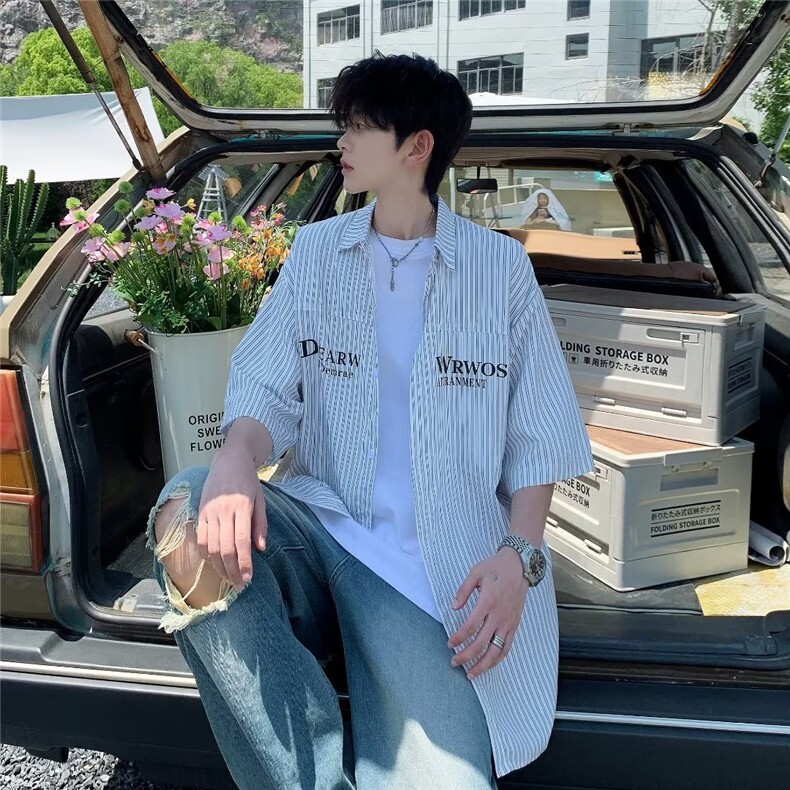 条纹短袖衬衫男夏季潮牌高级感痞帅衬衣外套宽松大码五分袖上衣,男装衬衫,星座1013