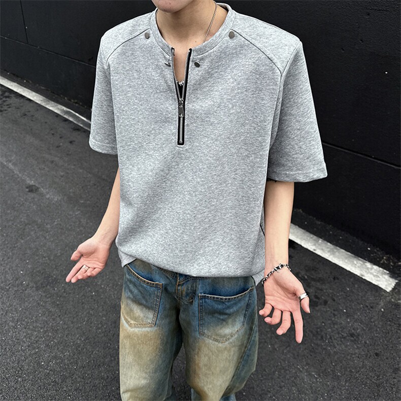 夏季亨利领半拉链小众设计垫肩短袖T恤男潮牌宽松A210A-TX20-P30,男装T恤,电商A210A