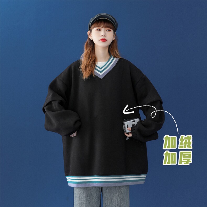 中性秋季潮流纯色拼接条纹宽松V领卫衣B250JRP55控78加绒P65,男装卫衣,A247A