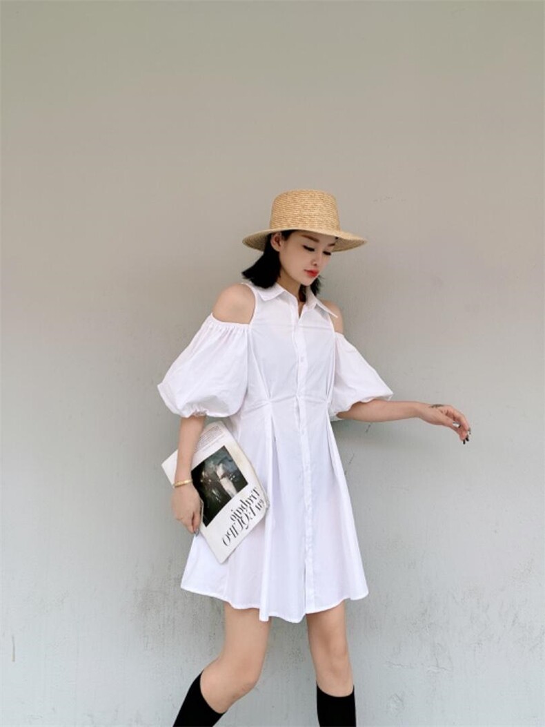 韩版漏肩泡泡袖连衣裙,女装连衣裙,玩美