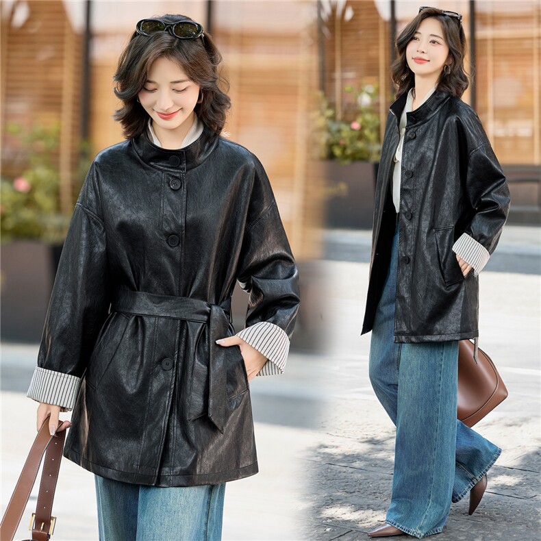 【大量现货】秋季女装新款时尚立领潮流金属丝中长款腰带皮衣外套，女装皮衣，魅衣本色