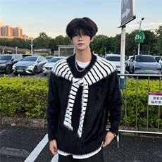 D060-P67原宿韩系条纹披肩假两件水貂绒毛衣男女款宽松套头，男装针织衫/毛衣，电商B323A