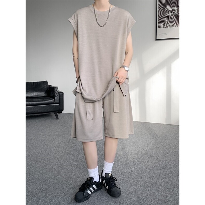 无袖T恤套装垂感冰丝背心大码穿搭衣服运动坎肩两件套TZ1706/P65,男装T恤,电商B238
